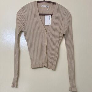 ReoRia Ribbed V-Neck Button Front Cardigan - Light Beige